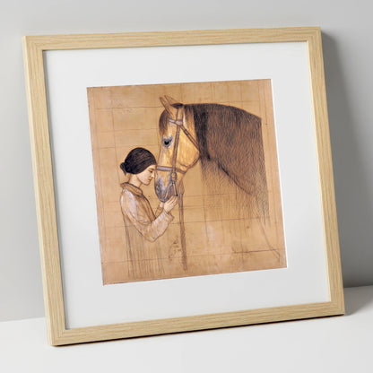 The Silent Bond horse & rider art print in natural frame