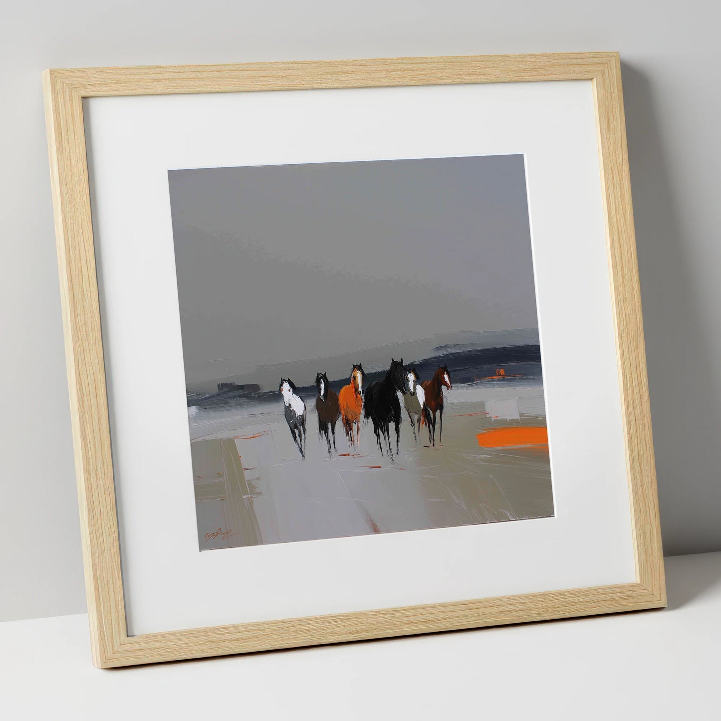 Vibrant Approach wild horses art print in natural frame