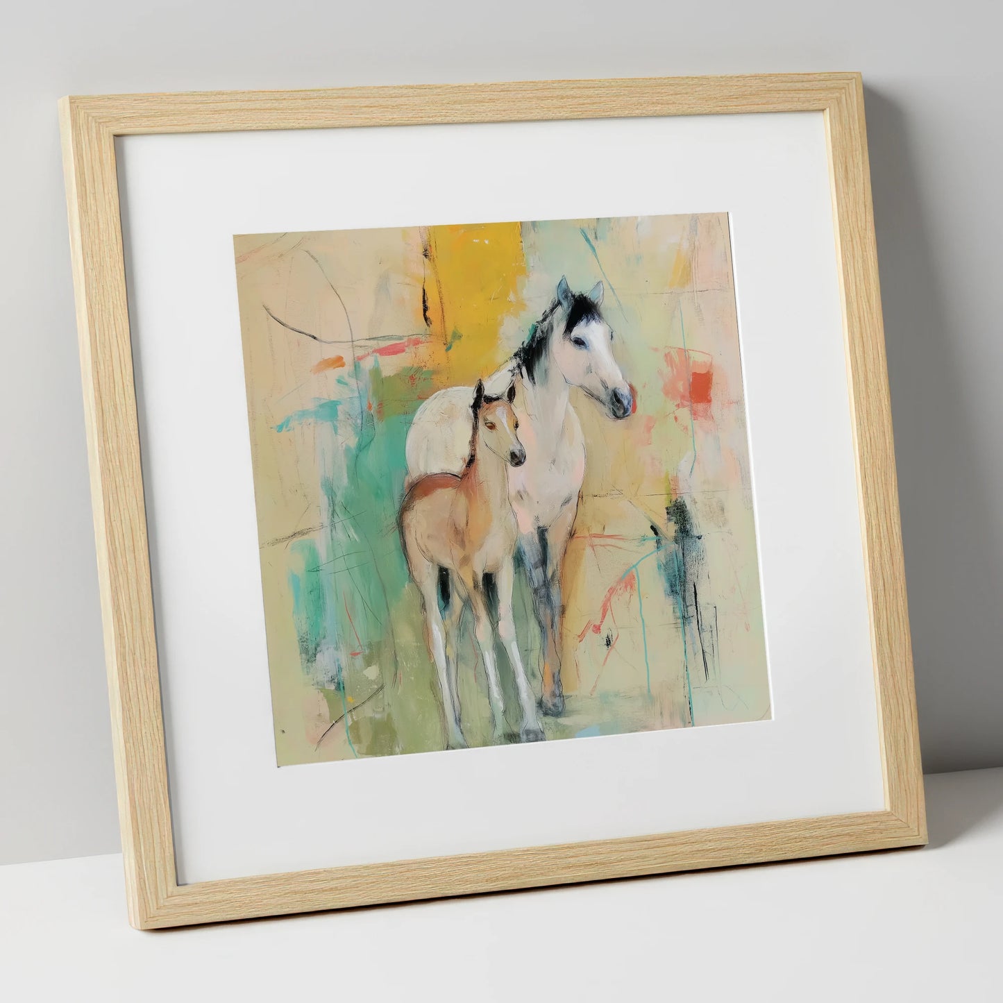 Gentle Guardianship mare & foal art print in natural frame