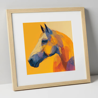 Vibrant Cobalt Contour horse portrait art print in natural frame