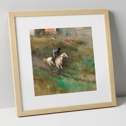 Through the Morning Mist racing horse art print in natural frame