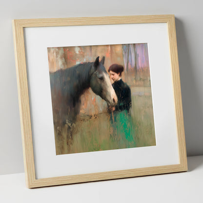The Silent Bond horse & rider art print in natural frame