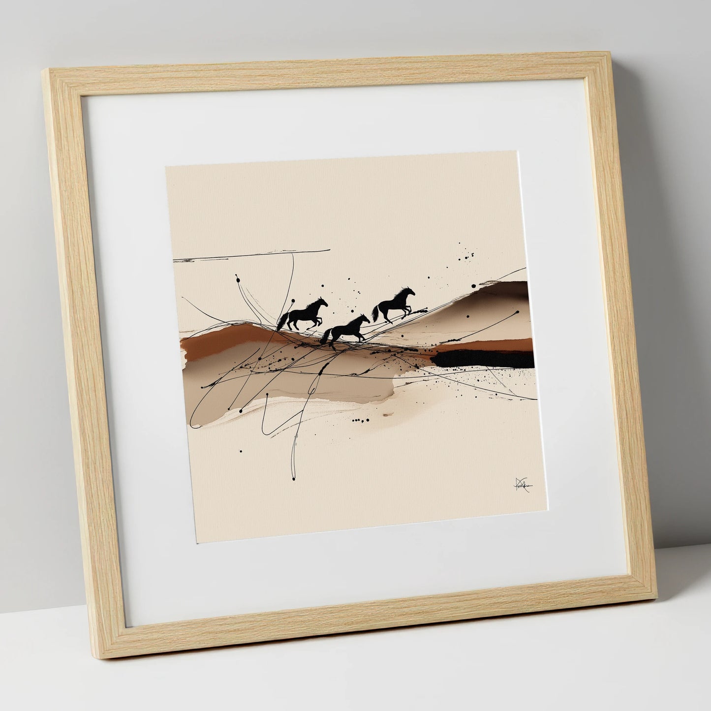 Abstract Sepia Gallop wild horses art print in natural frame