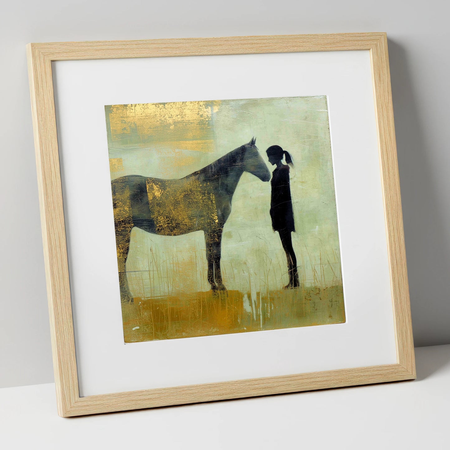 The Golden Bond horse & rider art print in natural frame