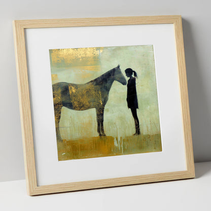 The Golden Bond horse & rider art print in natural frame