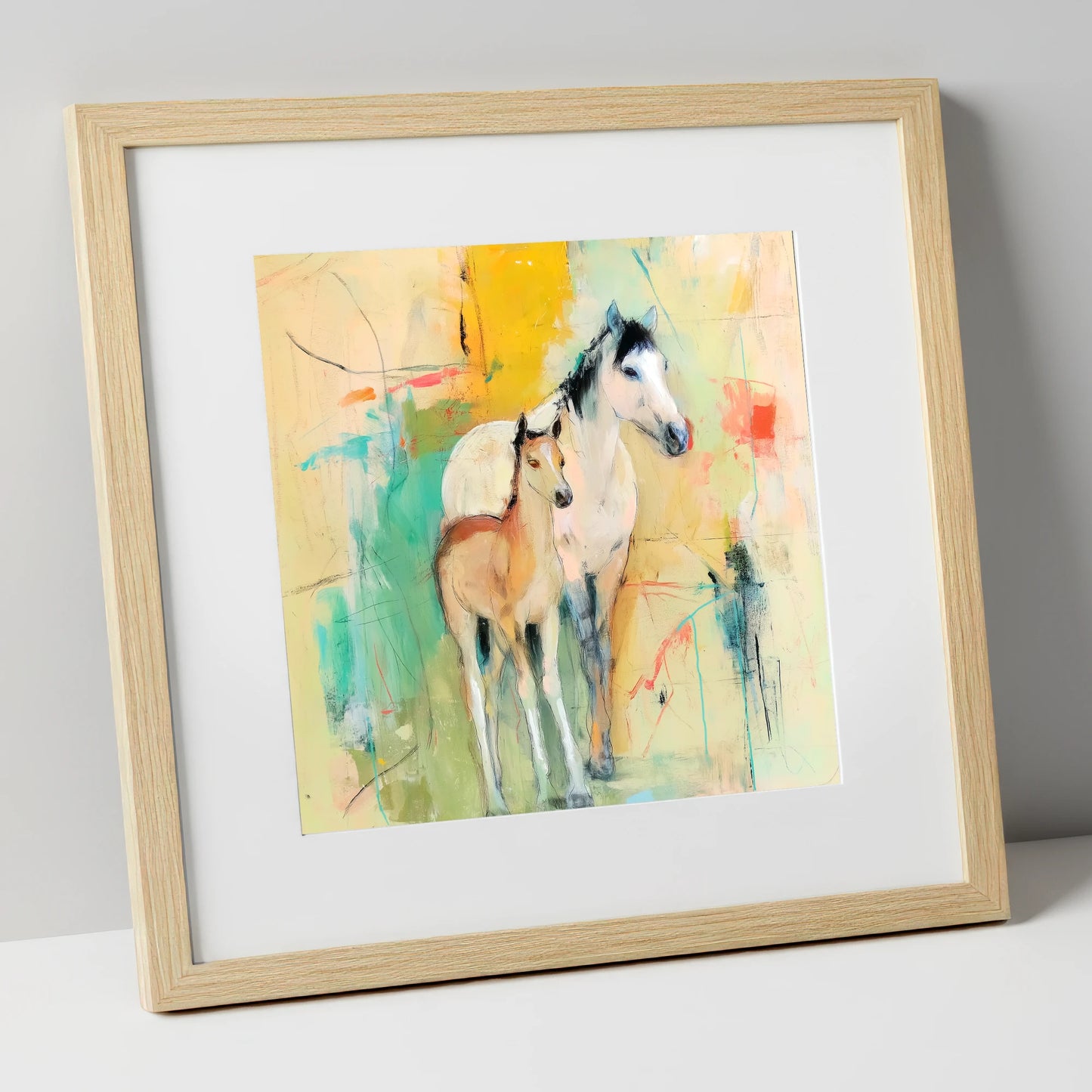 Gentle Guardianship mare & foal art print in natural frame