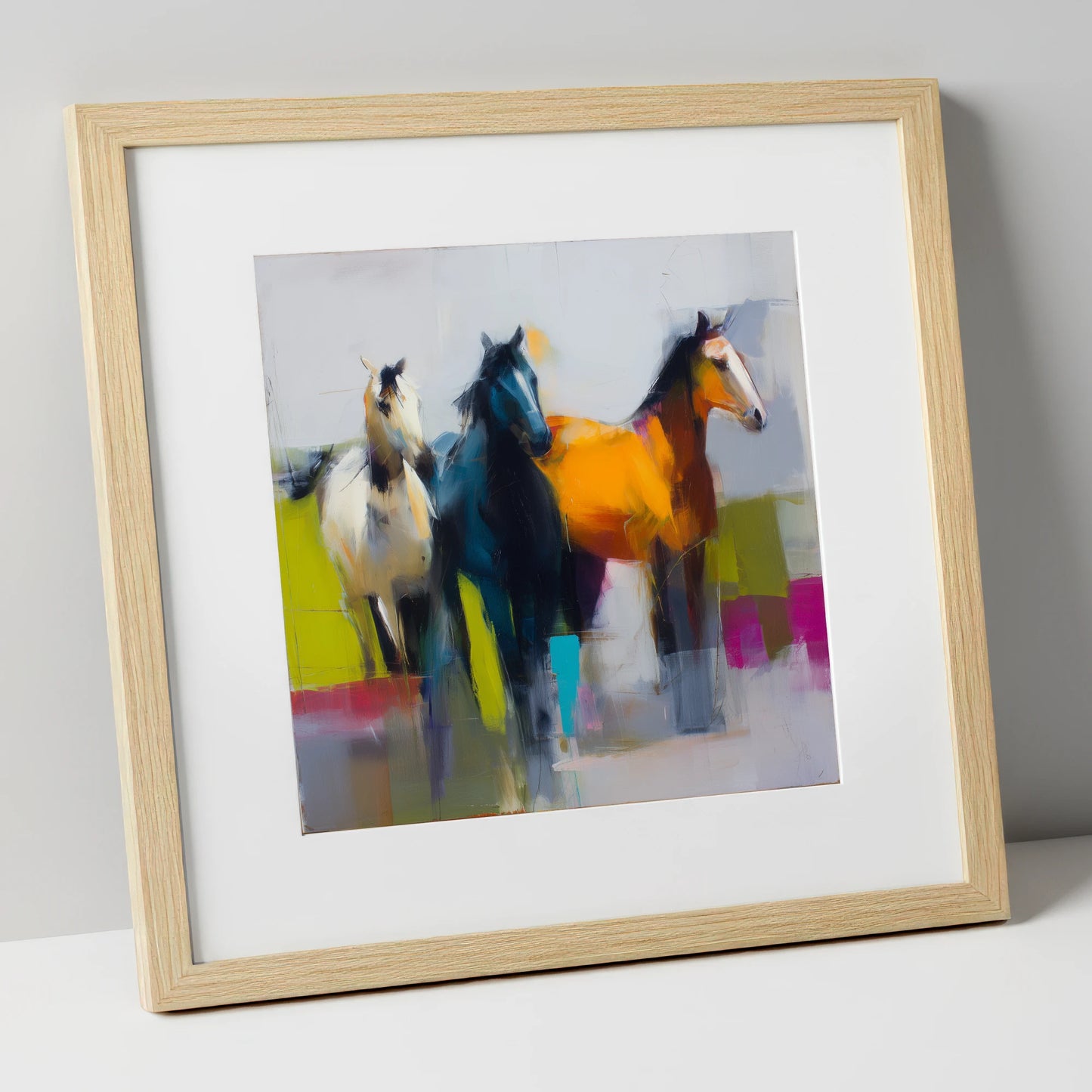 Vivid Equine Companions wild horses art print in natural frame