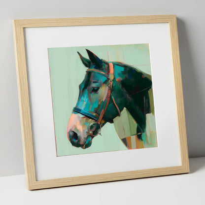 The Midnight Bridle horse portrait art print in natural frame