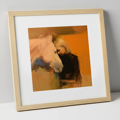 Silent Connection horse & rider art print in natural frame