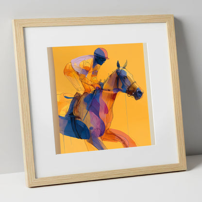 Golden Racing Stride racing horse art print in natural frame