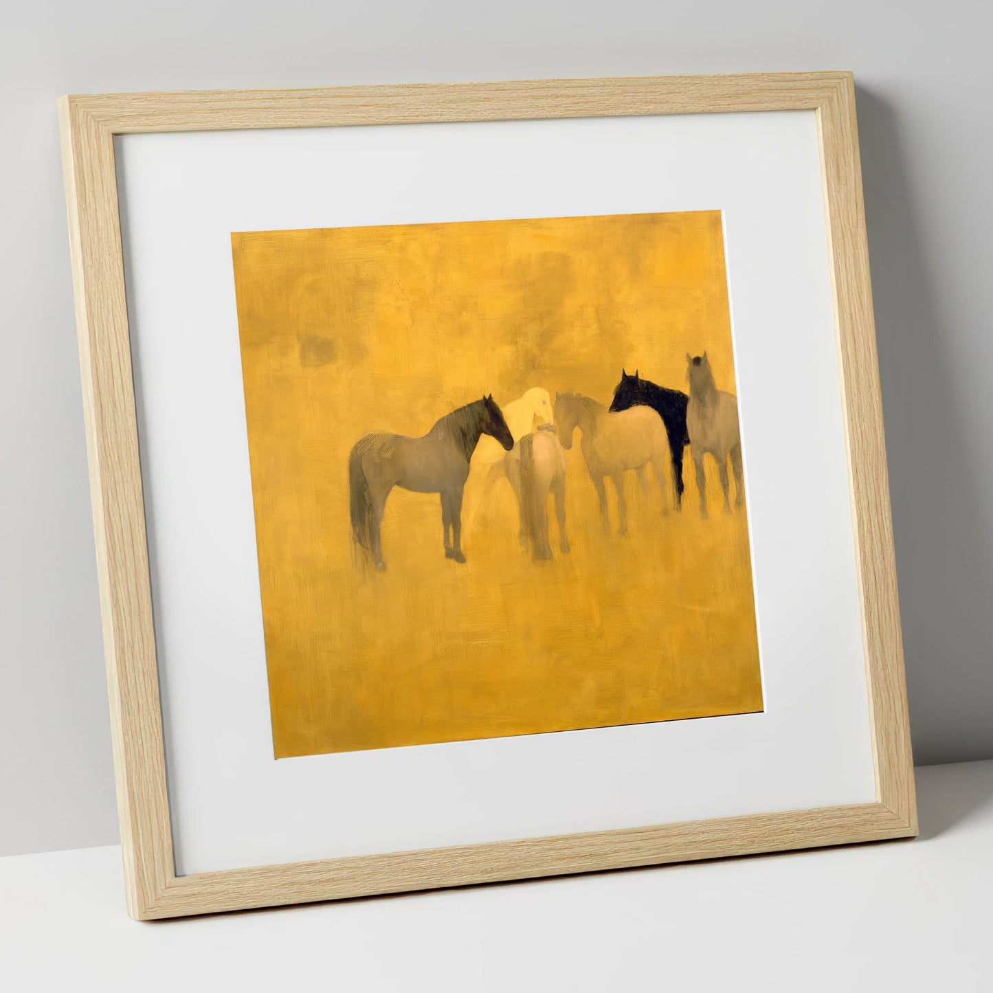 Sunlit Gathering wild horses art print in natural frame