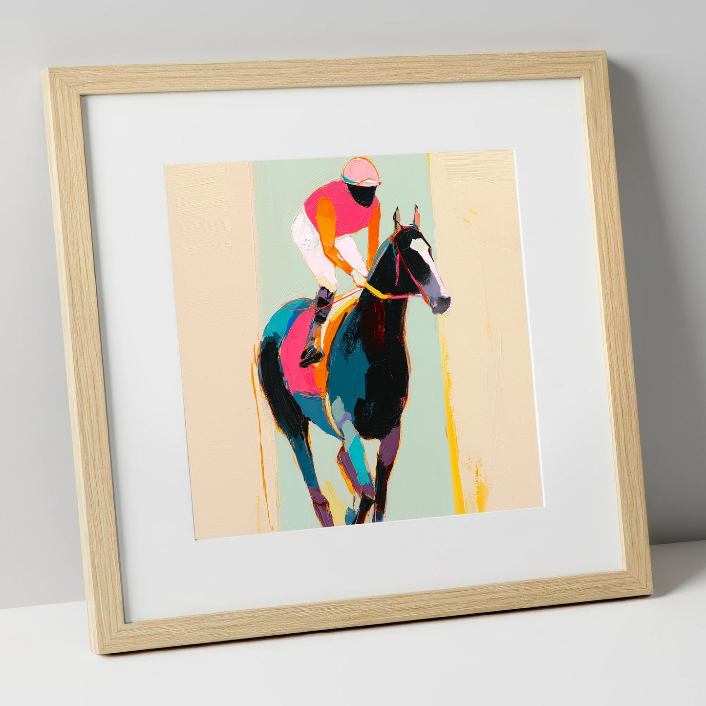 The Bold Contender racing horse art print in natural frame