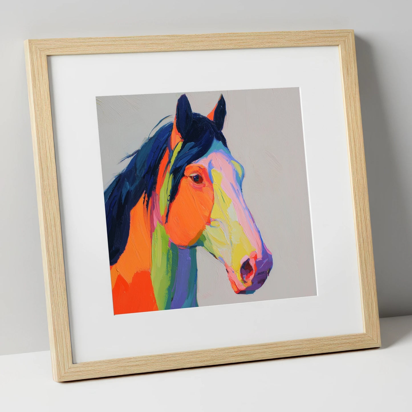 Technicolour Equine Profile horse portrait art print in natural frame