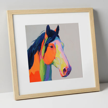 Technicolour Equine Profile horse portrait art print in natural frame
