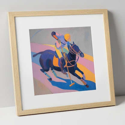 Vibrant Polo Charge polo horse art print in natural frame