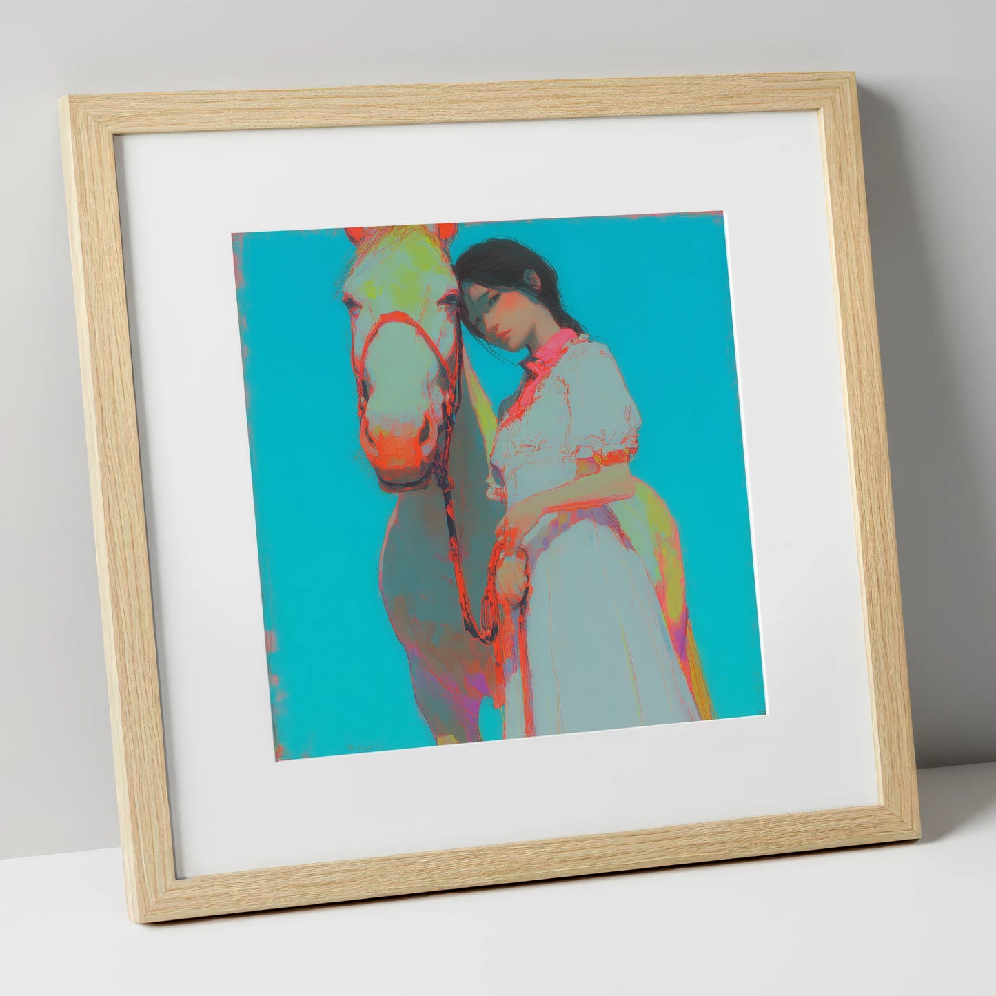 Electric Bond horse & rider art print in natural frame