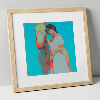 Electric Bond horse & rider art print in natural frame