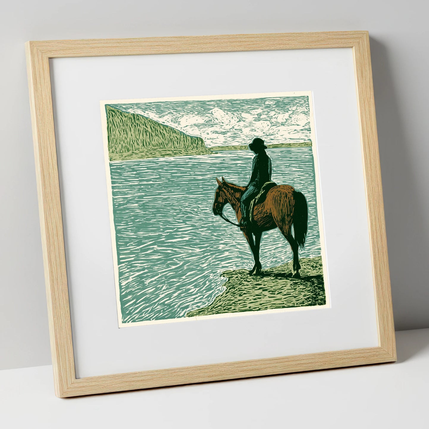Watching the Tide beach horse art print in natural frame