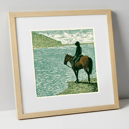 Watching the Tide beach horse art print in natural frame