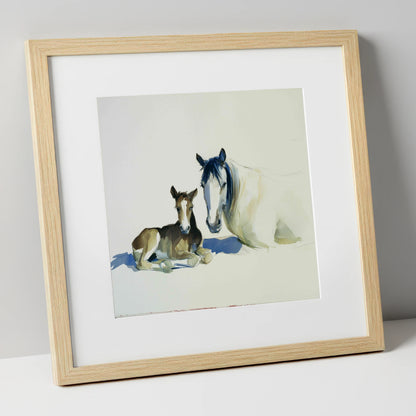 Quiet Devotion mare & foal art print in natural frame
