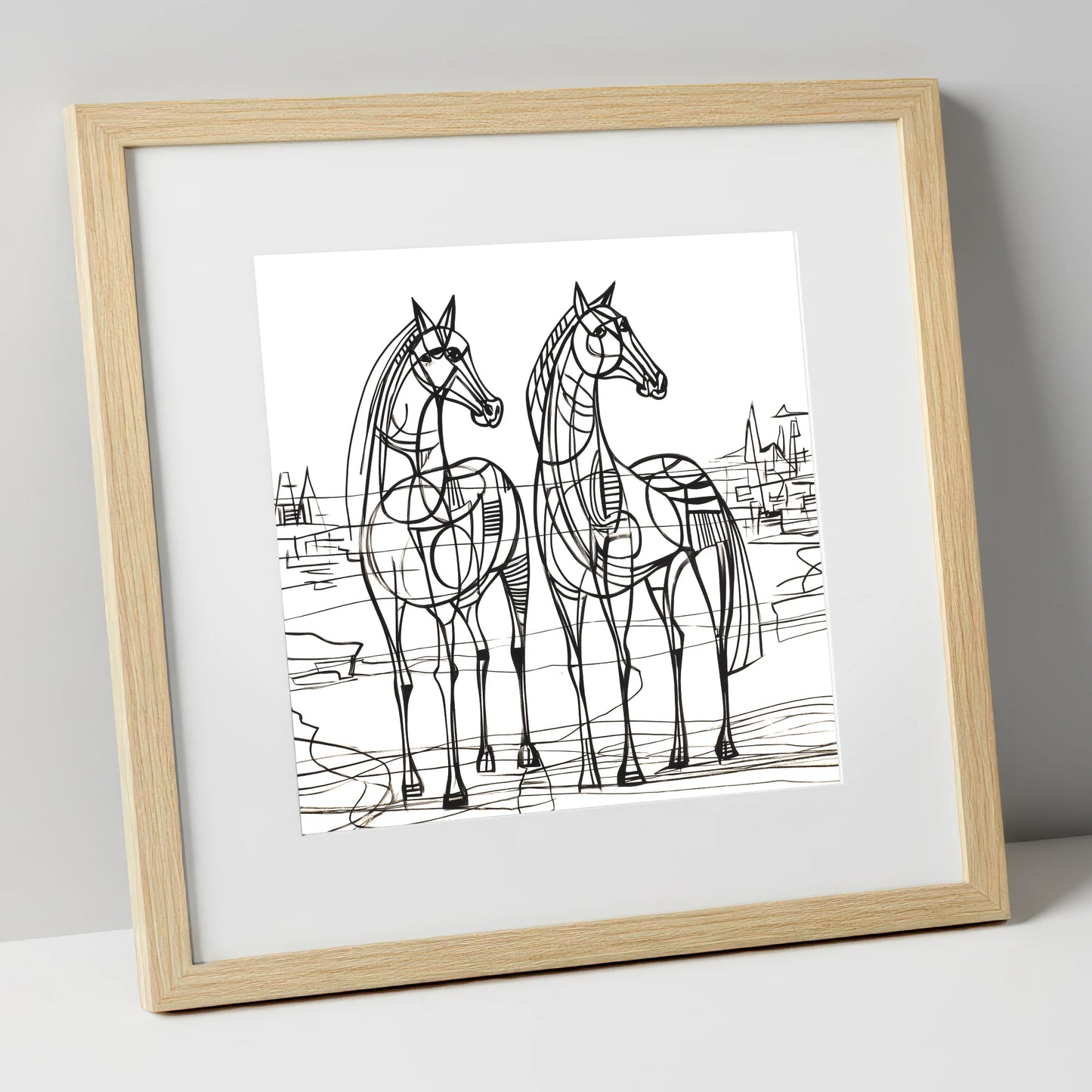 Architectural Equine Duo horse landscape art print in natural frame