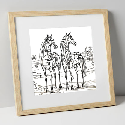 Architectural Equine Duo horse landscape art print in natural frame