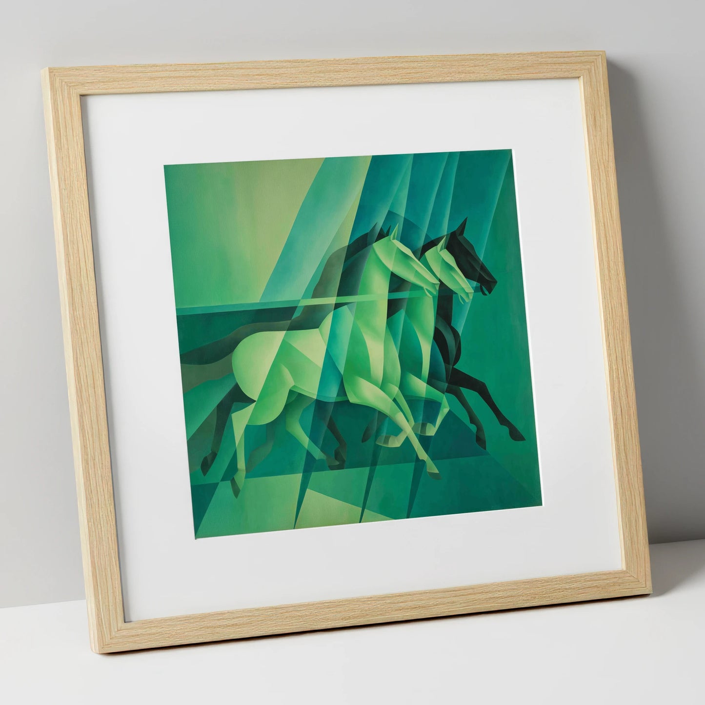 Emerald Rhythm racing horse art print in natural frame
