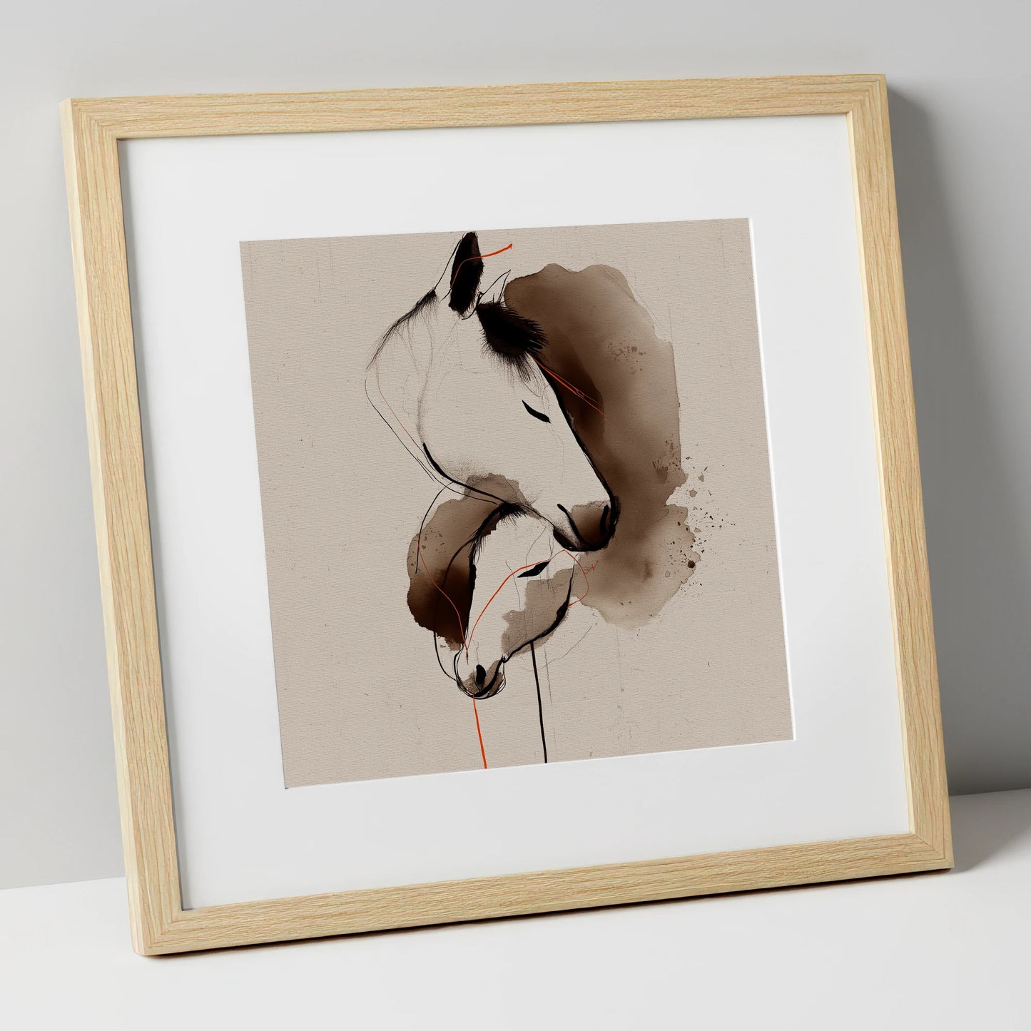 Tender Sepia Bond mare & foal art print in natural frame