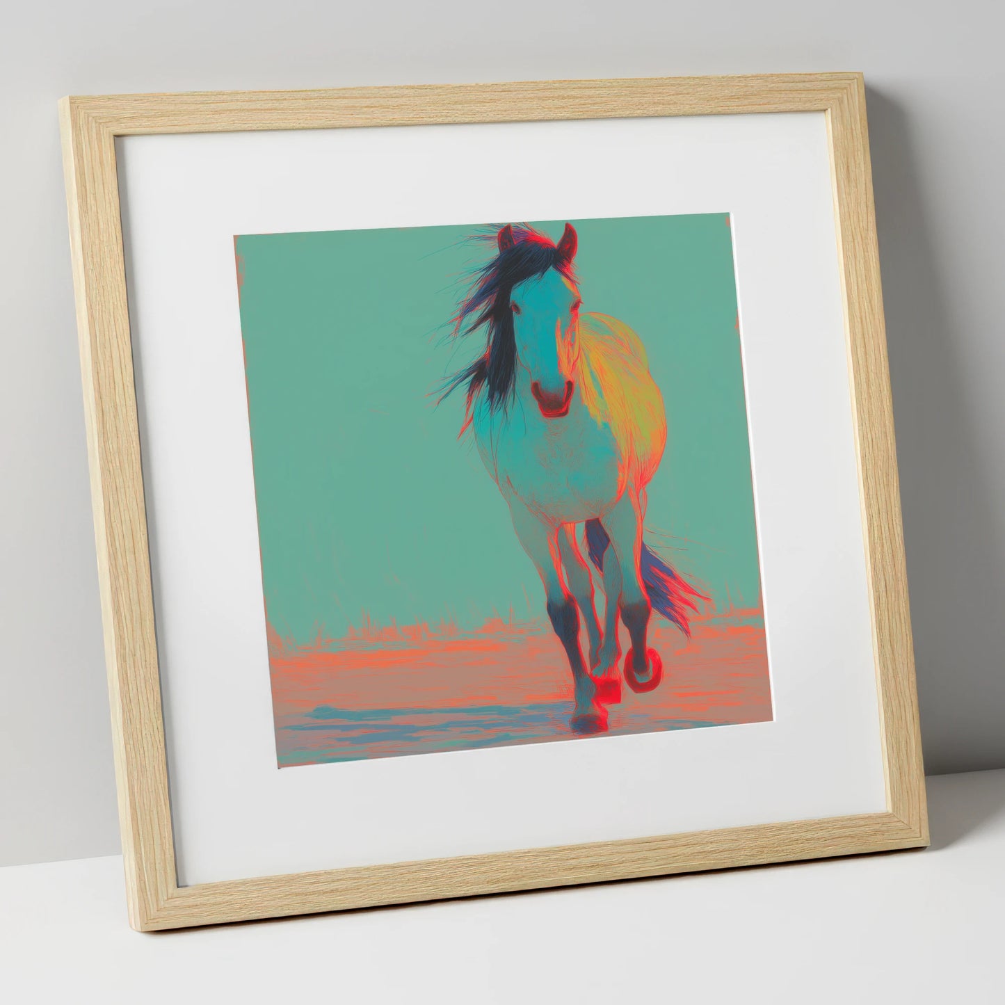 Electric Cyan Stride horse portrait art print in natural frame