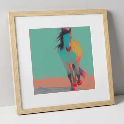 Electric Cyan Stride horse portrait art print in natural frame