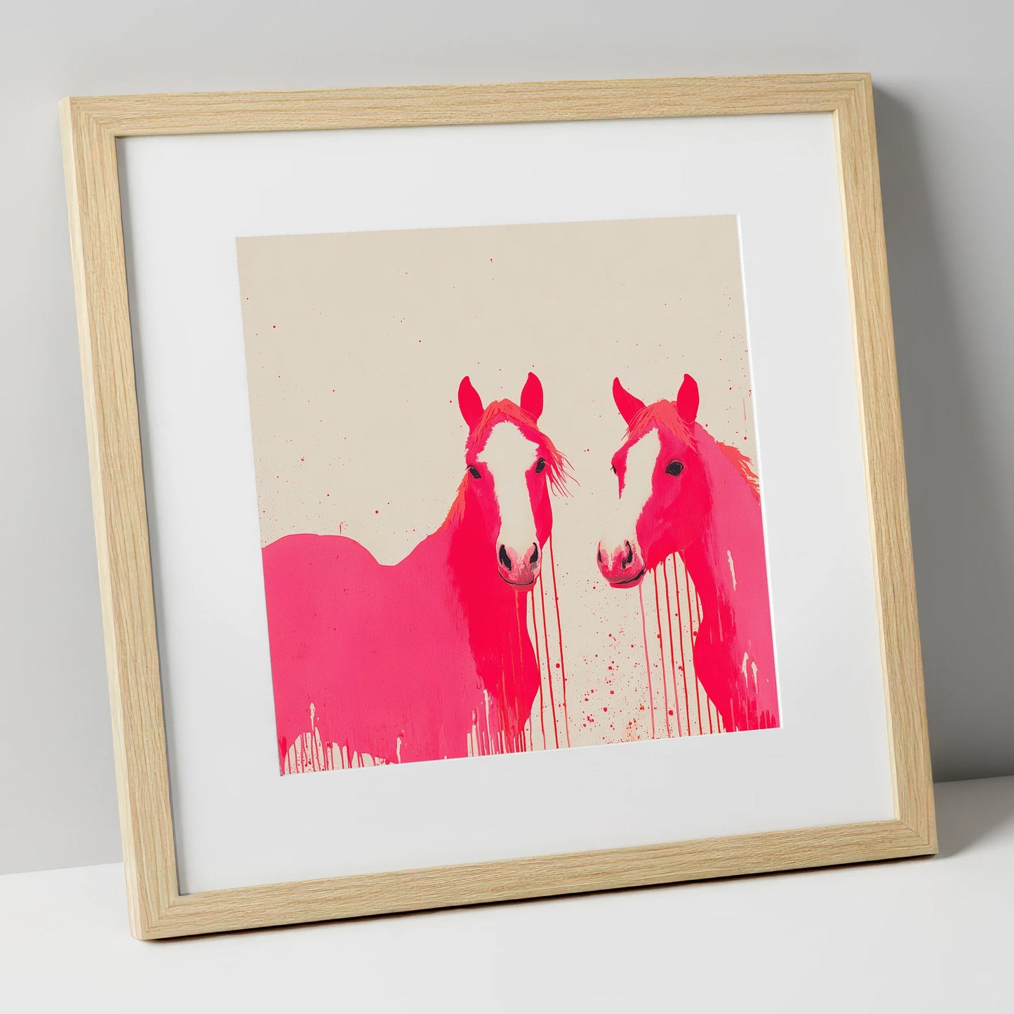 Vivid Pink Companions horse landscape art print in natural frame