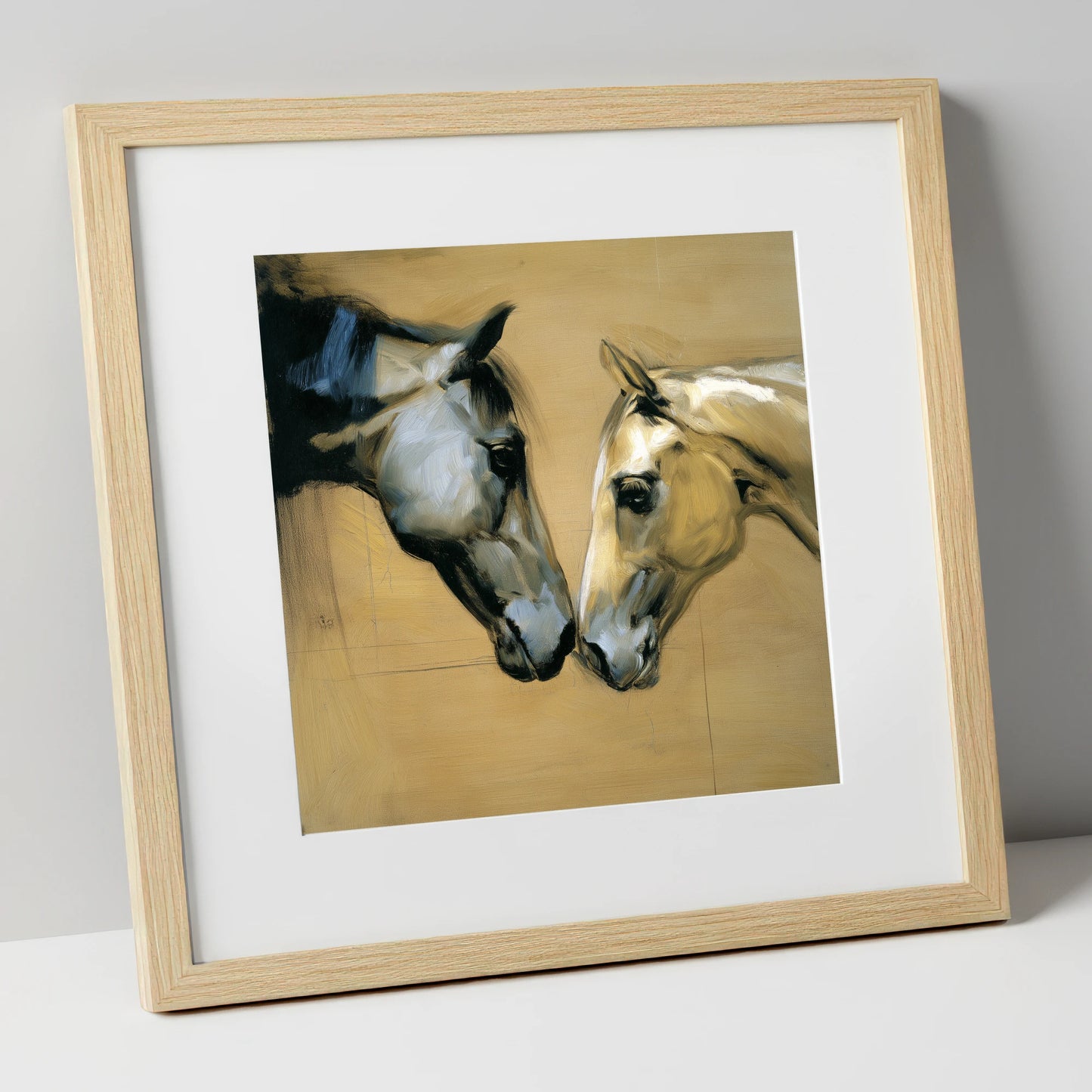 A Gentle Meeting horse portrait art print in natural frame