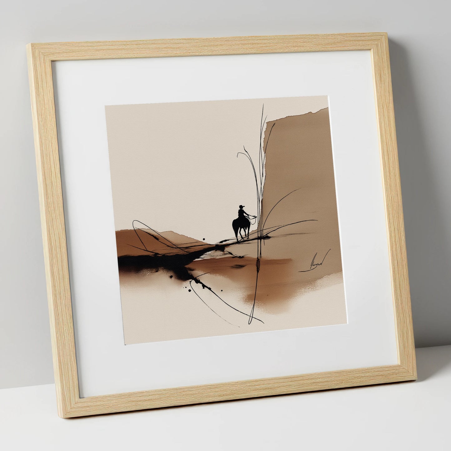 Sepia Horizons western horse art print in natural frame