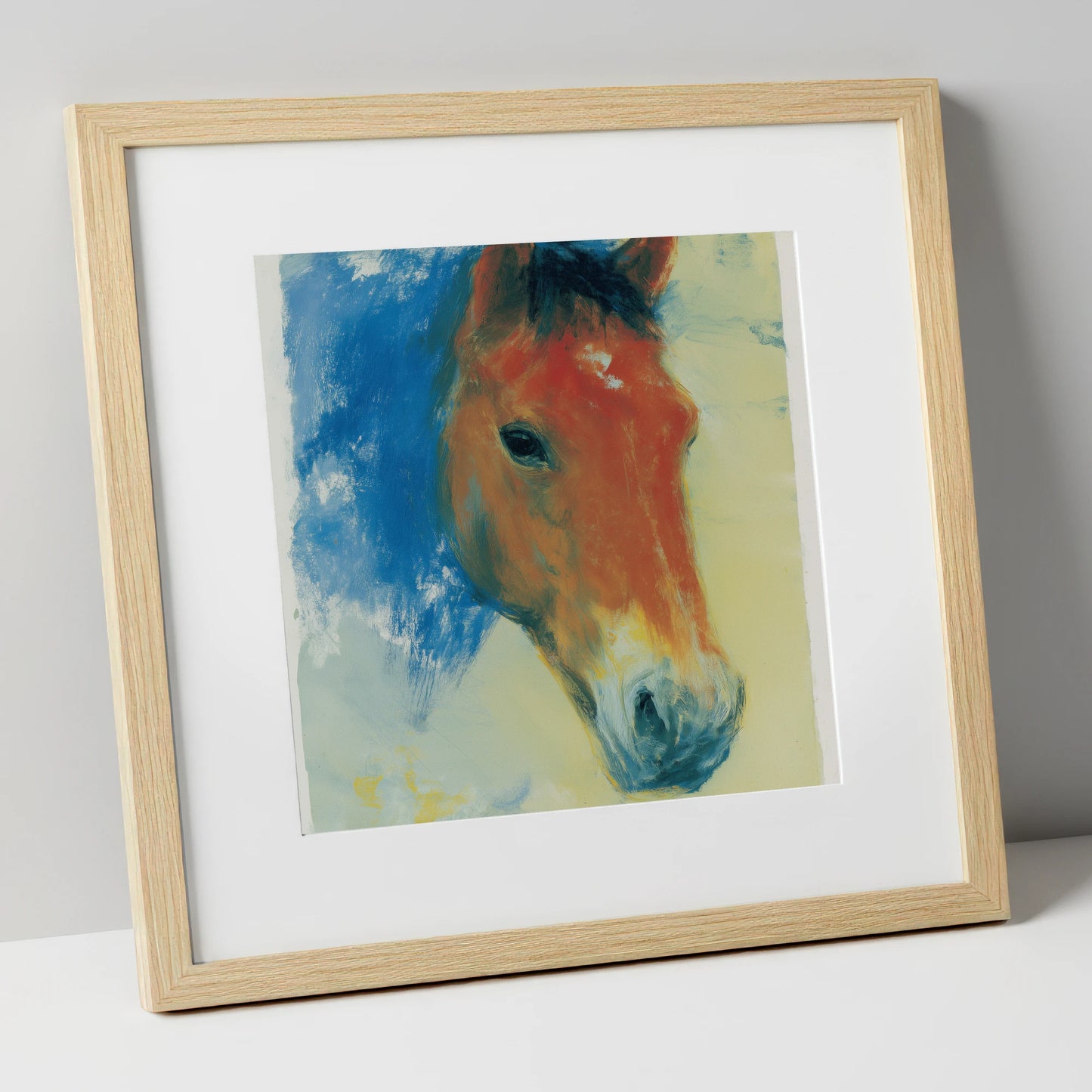 Expressive Cerulean Equine Study horse portrait art print in natural frame