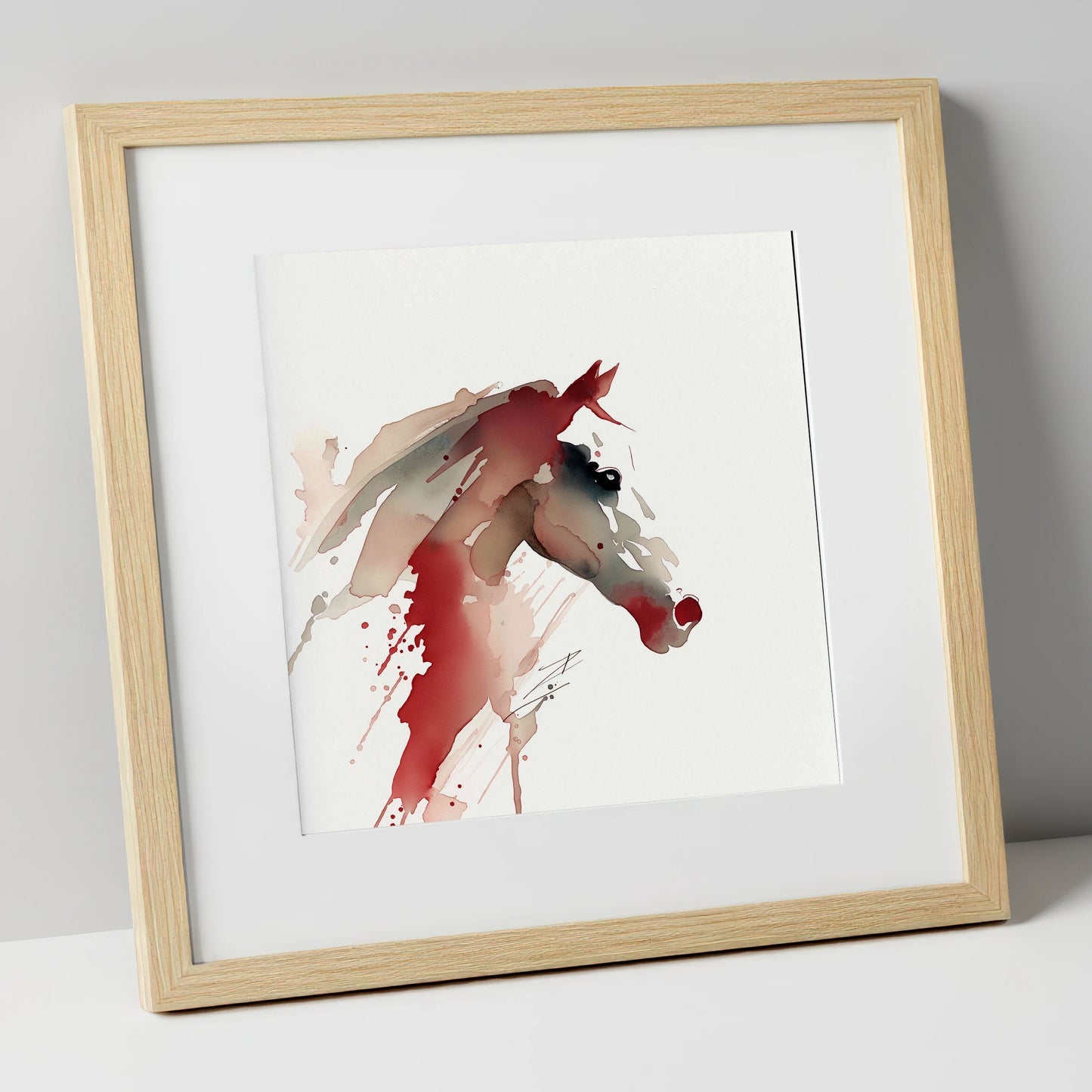 Crimson Momentum racing horse art print in natural frame