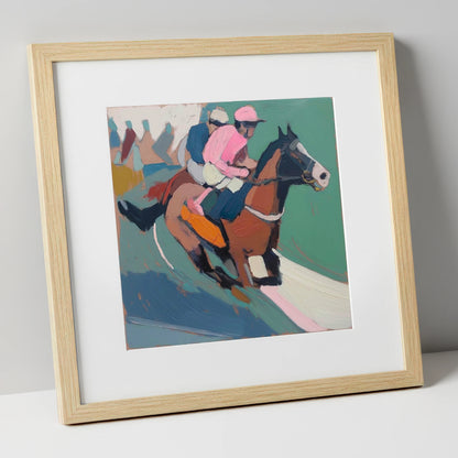 The Leading Edge in Rose racing horse art print in natural frame