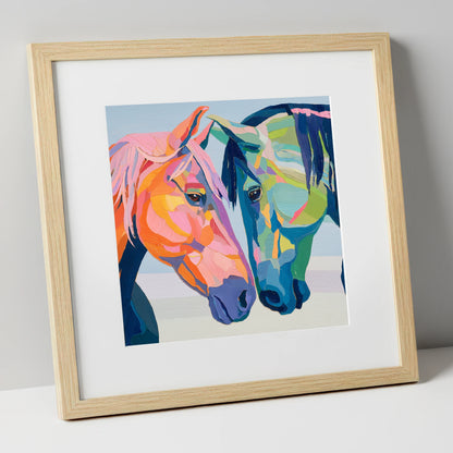 Vibrant Equine Connection horse portrait art print in natural frame