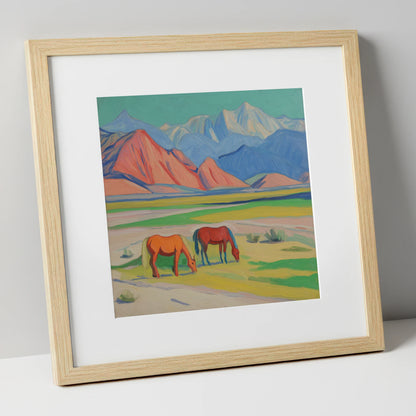 Vibrant Valley Pastures horse landscape art print in natural frame