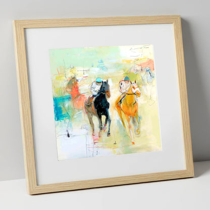Thundering Strides racing horse art print in natural frame