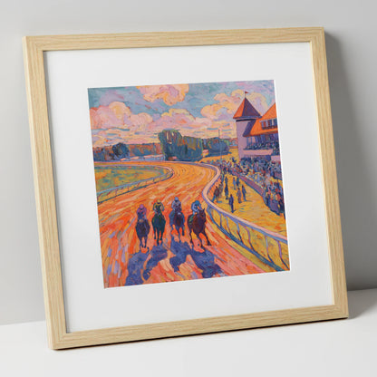 Colours of the Home Straight racing horse art print in natural frame