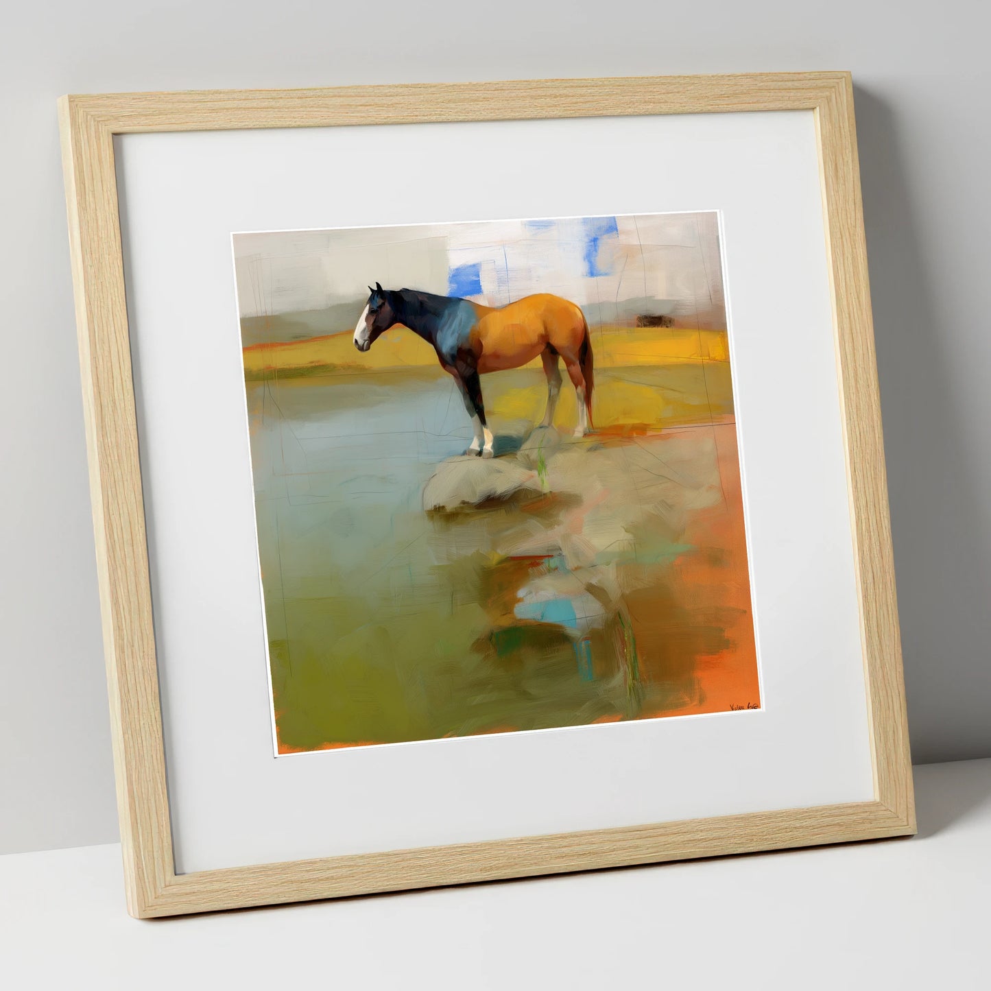 Vibrant Shoreline Reflection horse landscape art print in natural frame