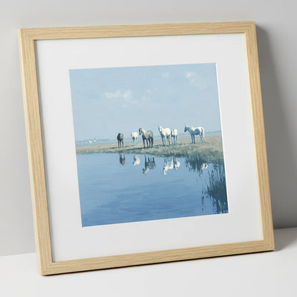 Reflections in Blue wild horses art print in natural frame