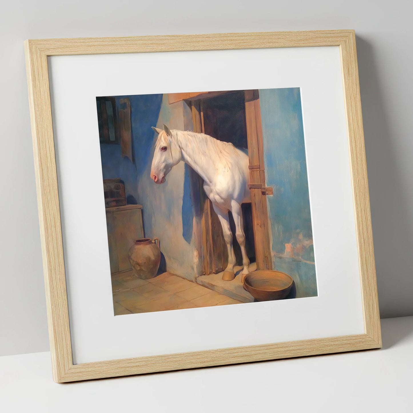 The Blue Stable Door horse stable art print in natural frame