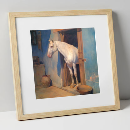 The Blue Stable Door horse stable art print in natural frame