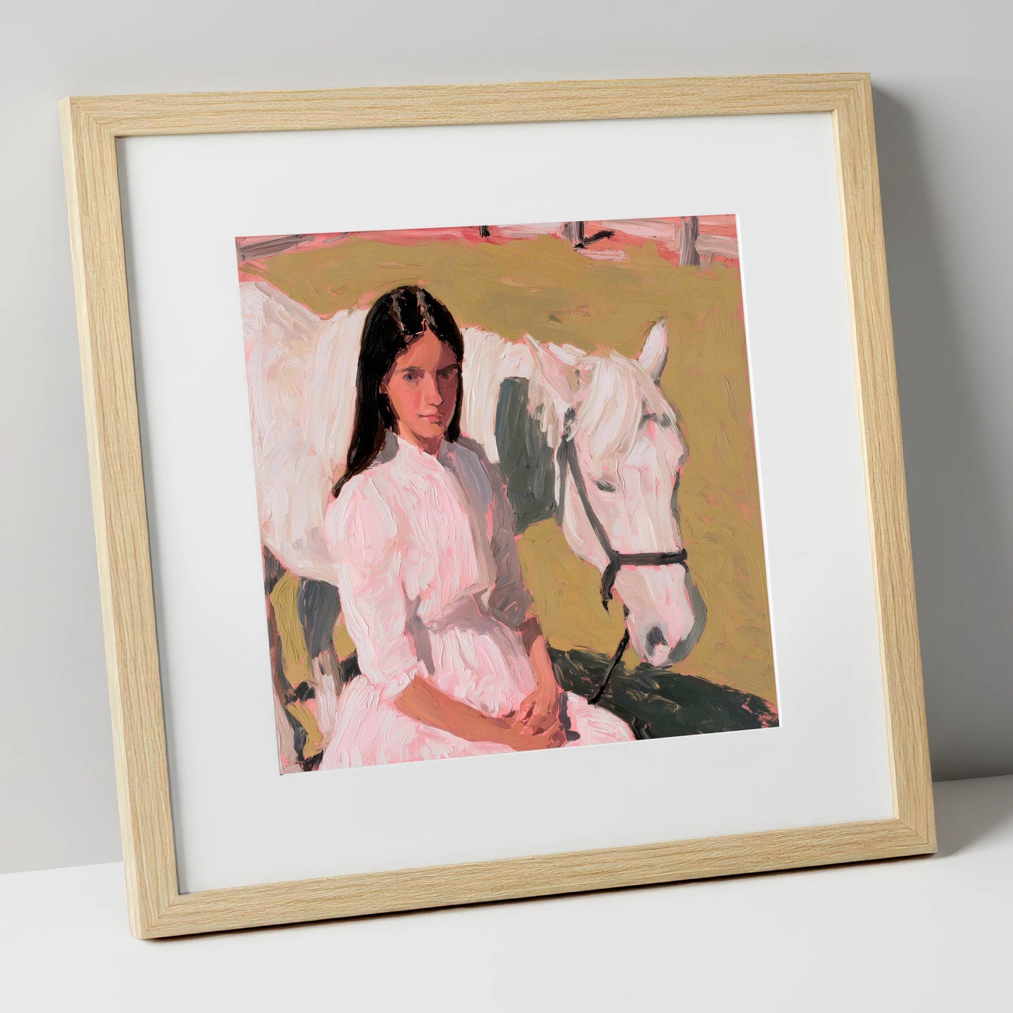 Pastel Companionship horse & rider art print in natural frame
