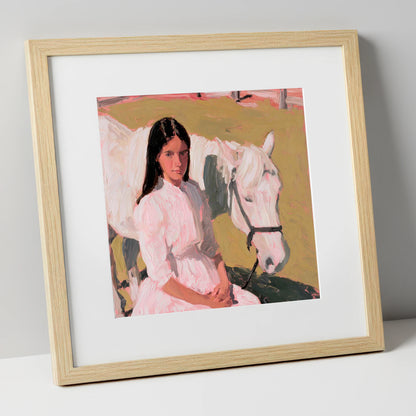 Pastel Companionship horse & rider art print in natural frame