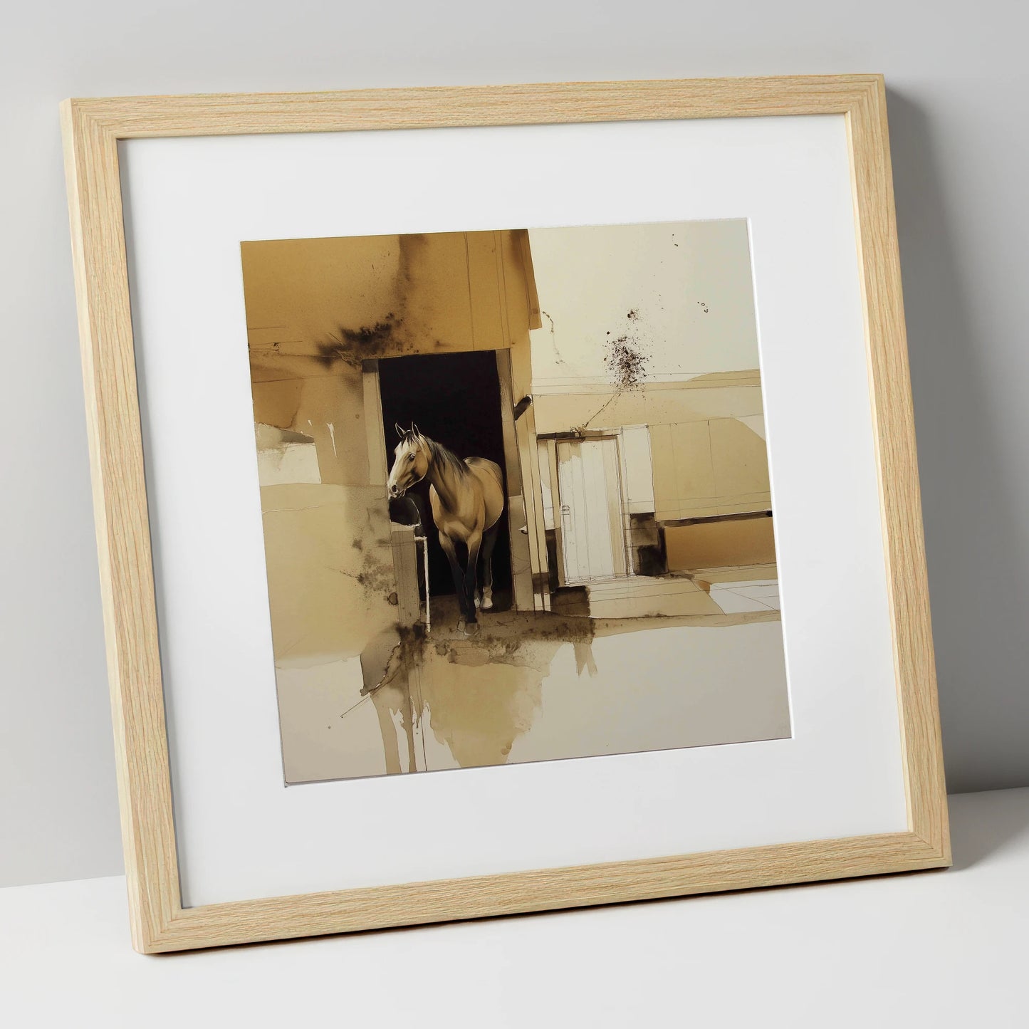 Sepia Stable Threshold horse stable art print in natural frame