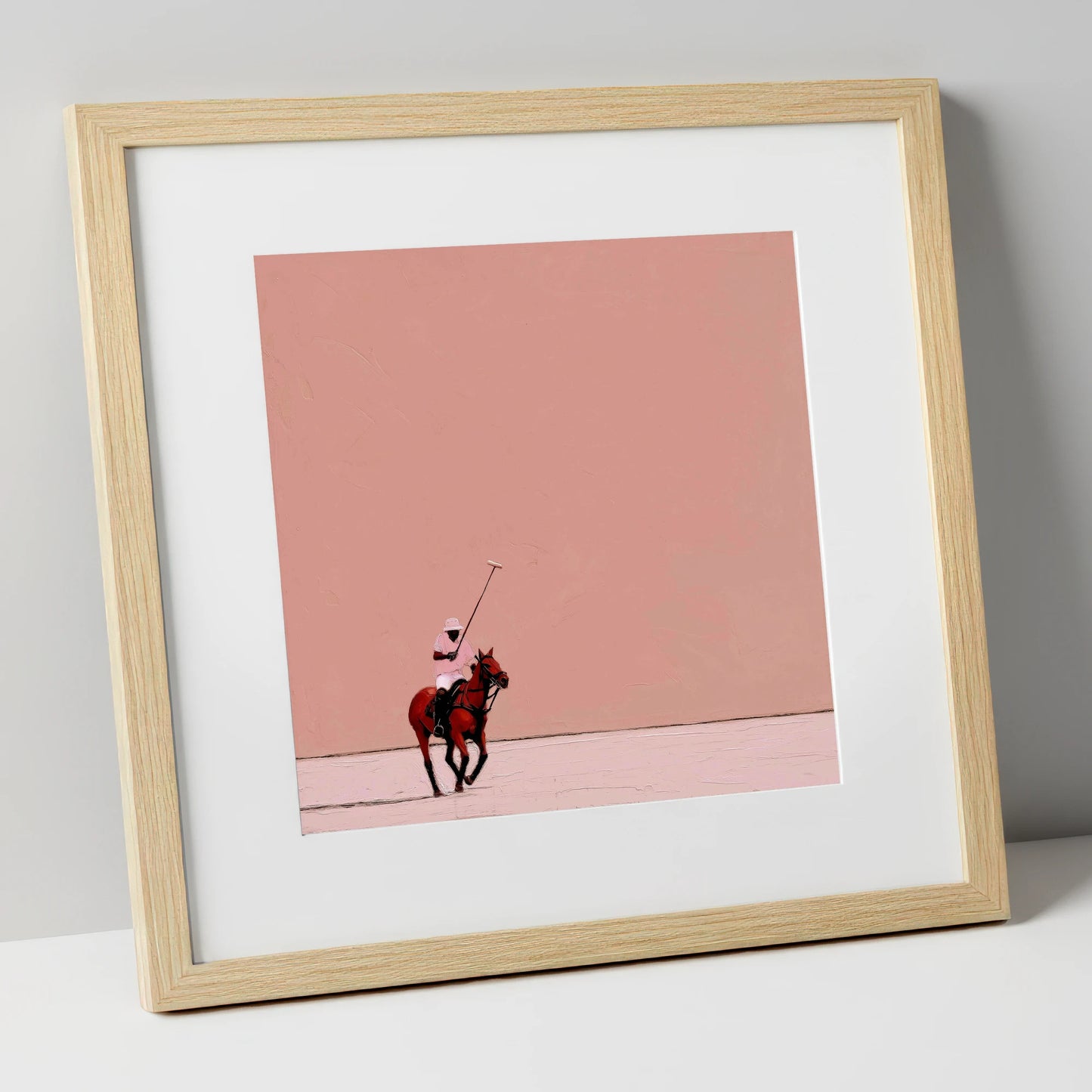 Dusty Rose Chukka polo horse art print in natural frame