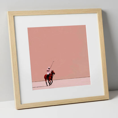 Dusty Rose Chukka polo horse art print in natural frame