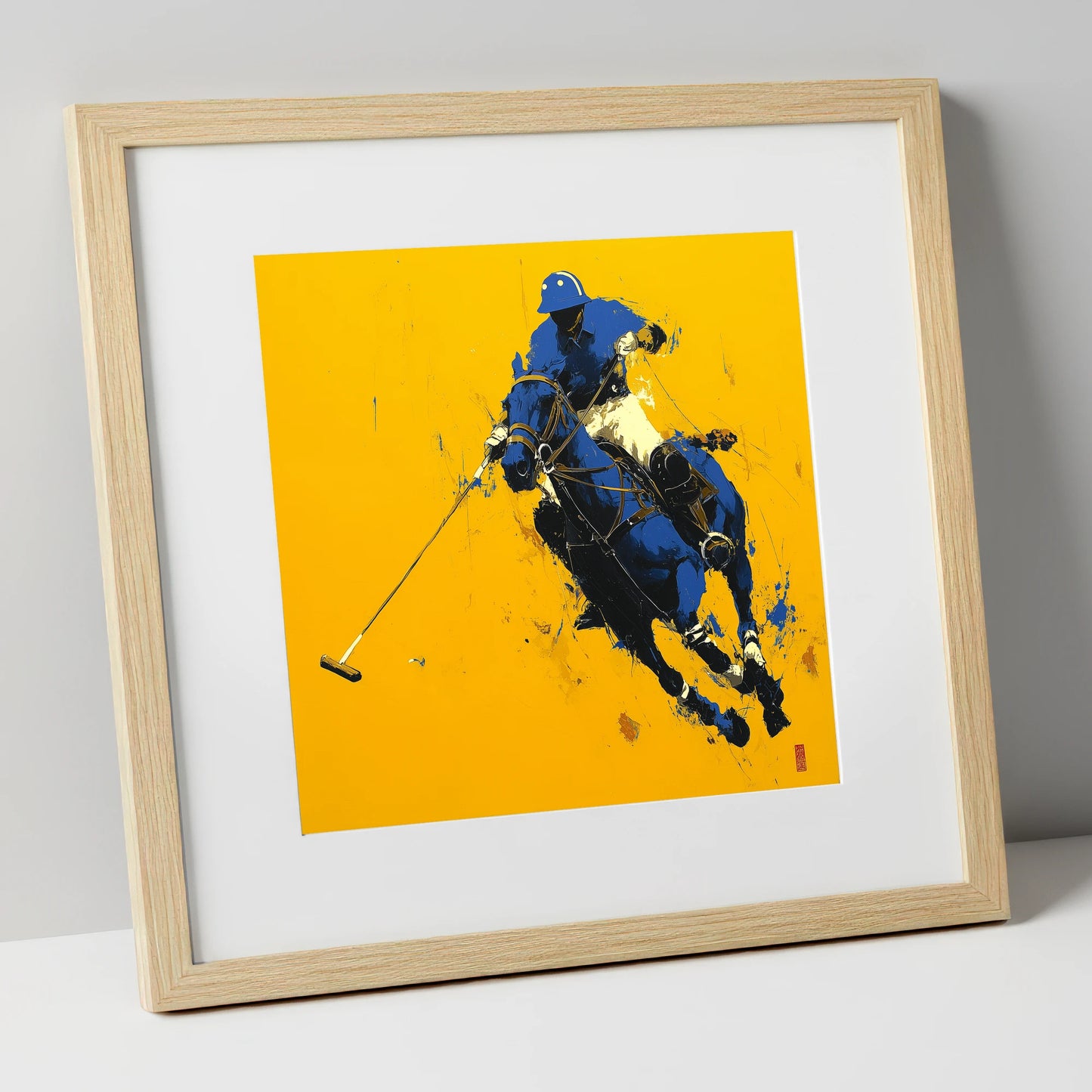 Cobalt Chukka polo horse art print in natural frame
